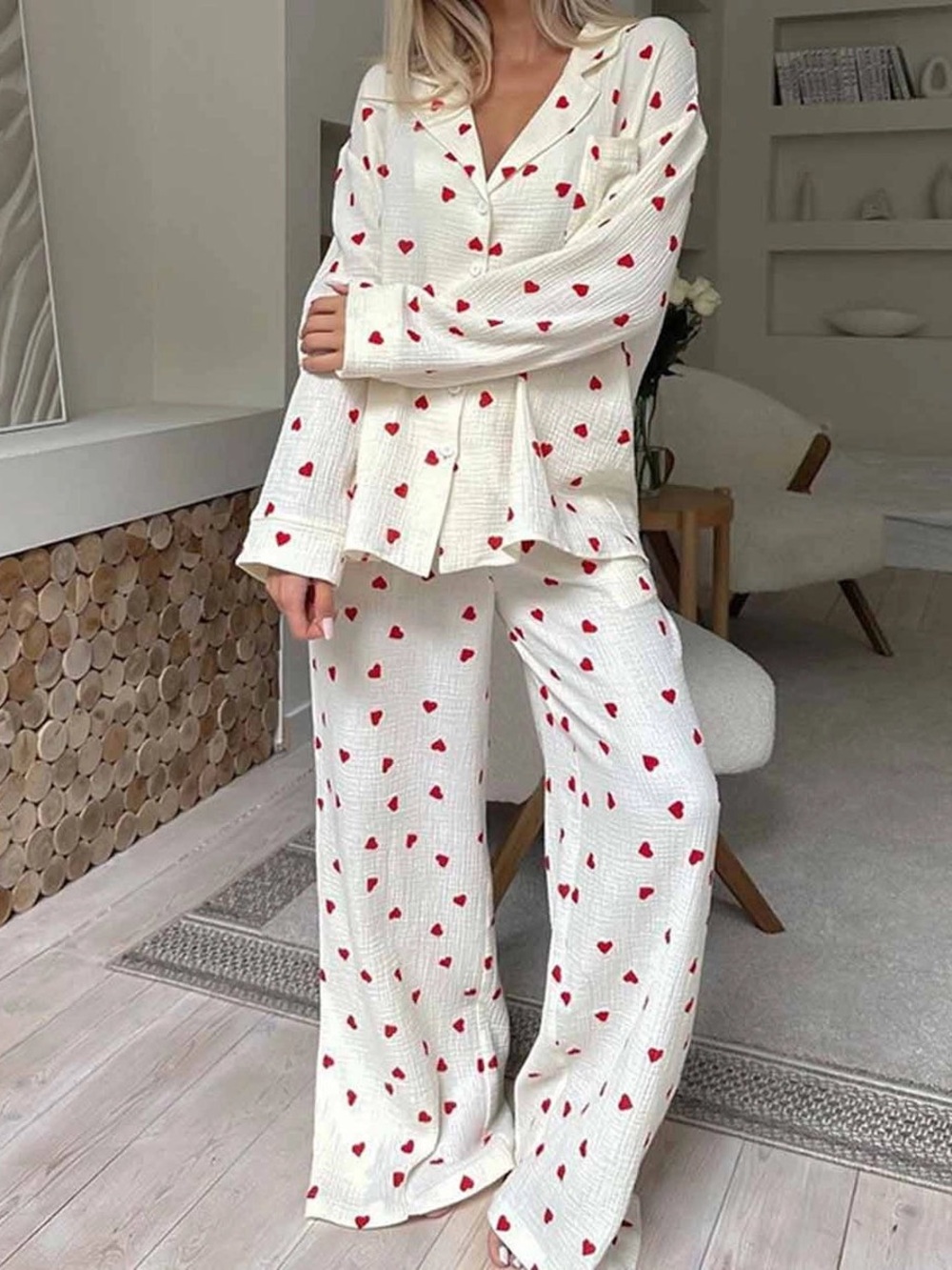 White Pajama Set with Red Heart Print - NWOT